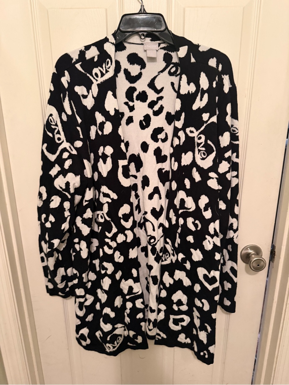 Chico's Black and White Leopard-Print Open Cardigan with 'Love' Accents